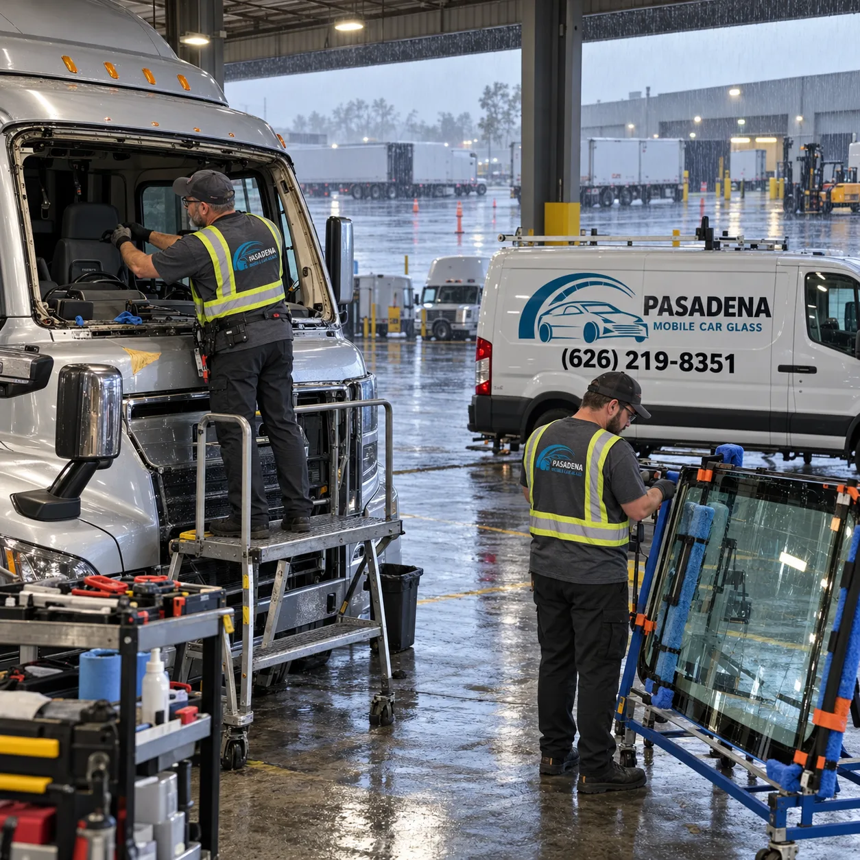 Pasadena Mobile Car Glass technicians replacing a semi-truck windshield at a freight yard